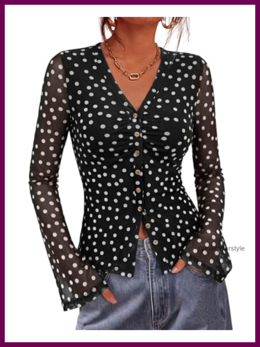 Women's Mesh Floral Button Down Blouse Long Sleeve Boho V-Neck Fitted Top